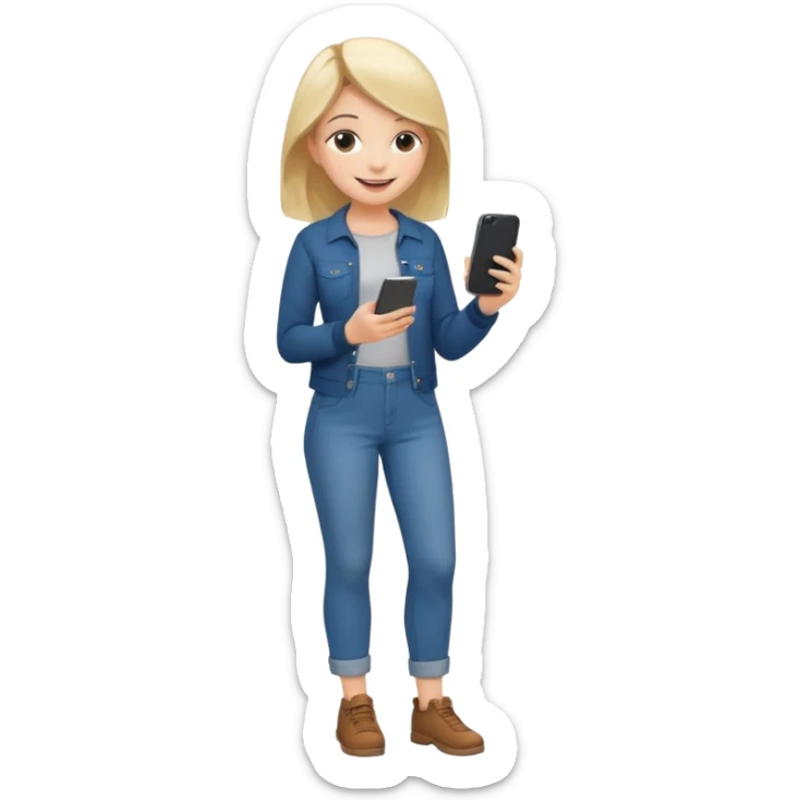 a full body  full girl on his phone with a happy face commenting on a post sticker