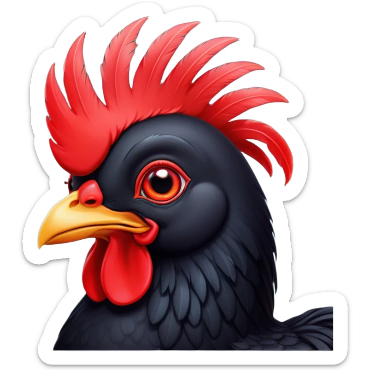 Cinematic Cute Black Chicken Portrait Emoji, Head tilted playfully and inquisitively, featuring sleek, lustrous black feathers and a vibrant red comb, round, sparkling beady eyes filled with curiosity, Simplified yet irresistibly adorable features, highly detailed, glowing with a warm, friendly glow, high shine, affectionate and lively, stylized with a touch of whimsical charm, bright and endearing, soft glowing outline, capturing the essence of a mischievous yet loving chicken, so playful it feels like it could peck out of the screen and into your arms! sticker