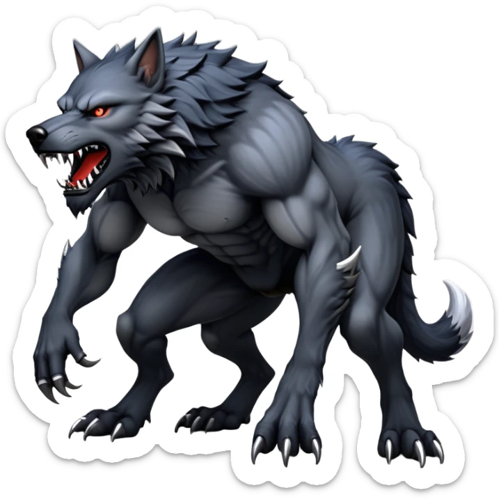 cinematic-noble-fierce-werewolf-full body on all fours-emoji, poised-and-imposing, with a tall, lean, and muscular wolfish frame inspired by the brutal, imposing shape of the beast from Berserk, fur rippling in shades of midnight black and silver, massive paws with razor-sharp claws, elongated limbs and fangs, eyes glowing with an intense, primal ferocity, reflecting the untamed power of the wild moonlit night; rendered with realism like a wolf sticker