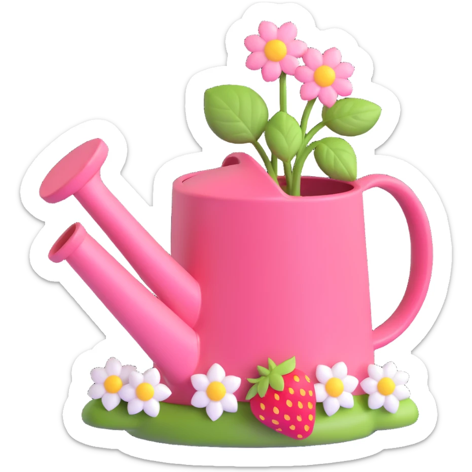Pink watering can with strawberries and white flowers, shiny and glossy, in 3D iOS emoji style, on a transparent background. sticker