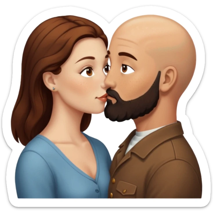 Couple. Bald man with dark brown-black beard. White woman with many small, faded freckles, she has white skin and she has auburn-brown-cinnamon, dark long hair. She has light brown eyes. The man have hazel eyes. Retro style. They kiss. sticker