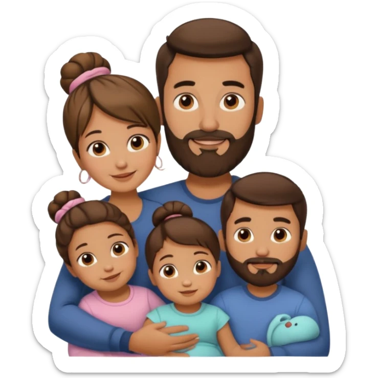 brown family of 5. mom has bun. dad has beard. teenage daughter. toddler son. and baby sticker