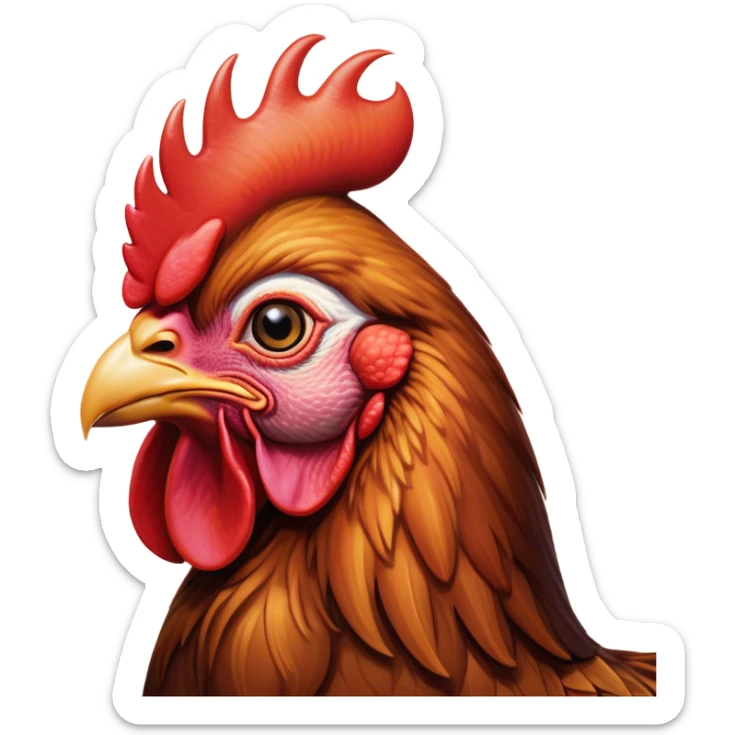 Cinematic Noble Brown Rooster Portrait Emoji, Poised and regal, with a robust, commanding build and a rich, well-groomed brown plumage, deep-set soulful warm eyes, Simplified yet sharp and sophisticated features, highly detailed, glowing with a soft, dignified glow, high shine, intelligent and proud, stylized with an air of rustic majesty, focused and attentive, soft glowing outline, capturing the essence of a watchful and confident leader, so majestic it feels as though it could crow out of the screen with effortless authority! sticker