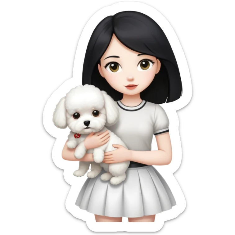 A beautiful girl with long straight black hair wearing a white skirt holding a small white Bichon Frise sticker