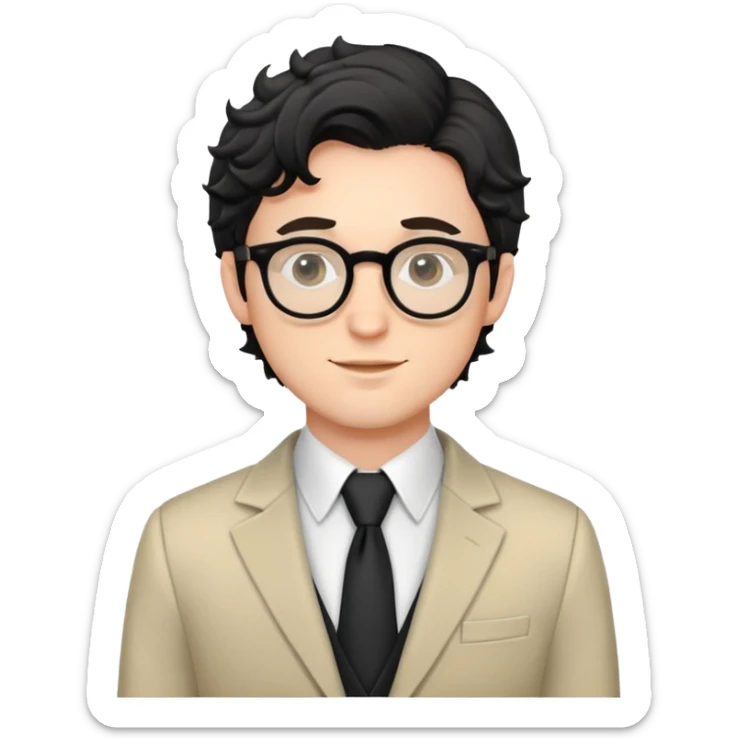Young caucasian man with black wavy hair, round glasses, semi-formal theater outfit with blazer and collared shirt sticker