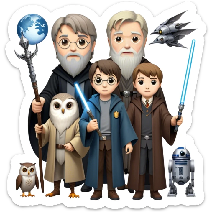 Icon for Fantasy and Sci-Fi Movies: Collage featuring Harry Potter with his wand, Dumbledore. Luke Skywalker with a lightsaber and futuristic robots. Background with a magical planet, Hogwarts, flying owls and spaceships. Epic and magical atmosphere. Transparent background. sticker