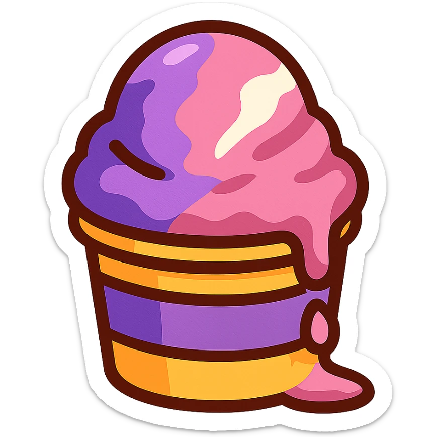A scoop of Italian ice in purple, pink, and white, melting slightly, in a paper cup sticker