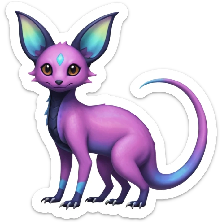 Rare epic aesthetic iridescent spooky gloomy colorful Salandit-Amaura-Espeon-Genet-species-Fakemon-hybrid-creature, with markings, full body sticker