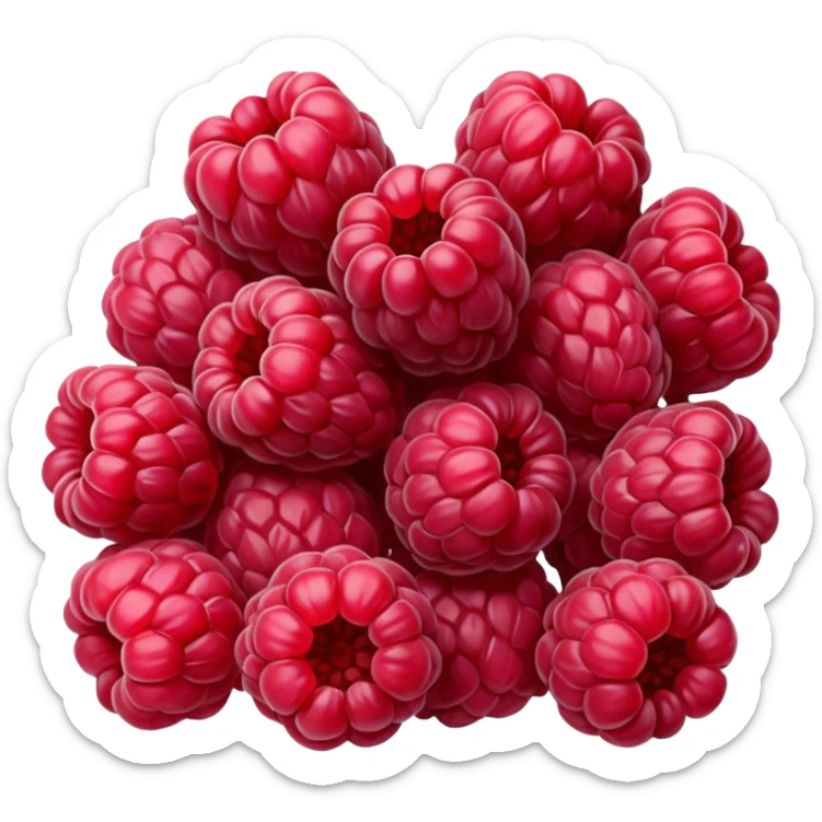 small cluster of whole dried raspberries with deep red to burgundy tones, wrinkled surfaces, hollow airy centers, matte slightly crisp texture, natural irregular shapes, no bowl or extras, soft lighting, subtle shadows, emoji scale sticker