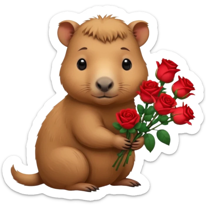 Cute baby capypara with sad puppy dog eyes holding roses  sticker