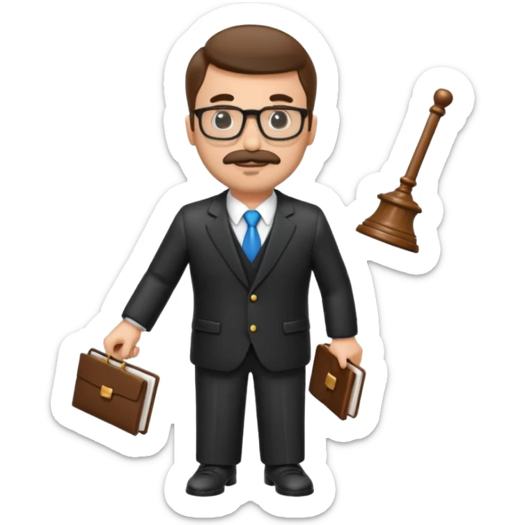 “Create a clean, modern emoji-style illustration of a male lawyer. He is wearing a formal suit jacket. He is holding a judge’s gavel in one hand and has a law book tucked under his arm. He has a mustache and a short beard, and he is wearing glasses. sticker