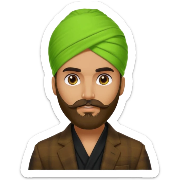 a pretty bratz emoji that looks like a bearded Akshay kumar wearing a neon green turban. Wearing a dark brown flannel blazer with black tshirt underneath.
he should resemble akshay kumar sticker