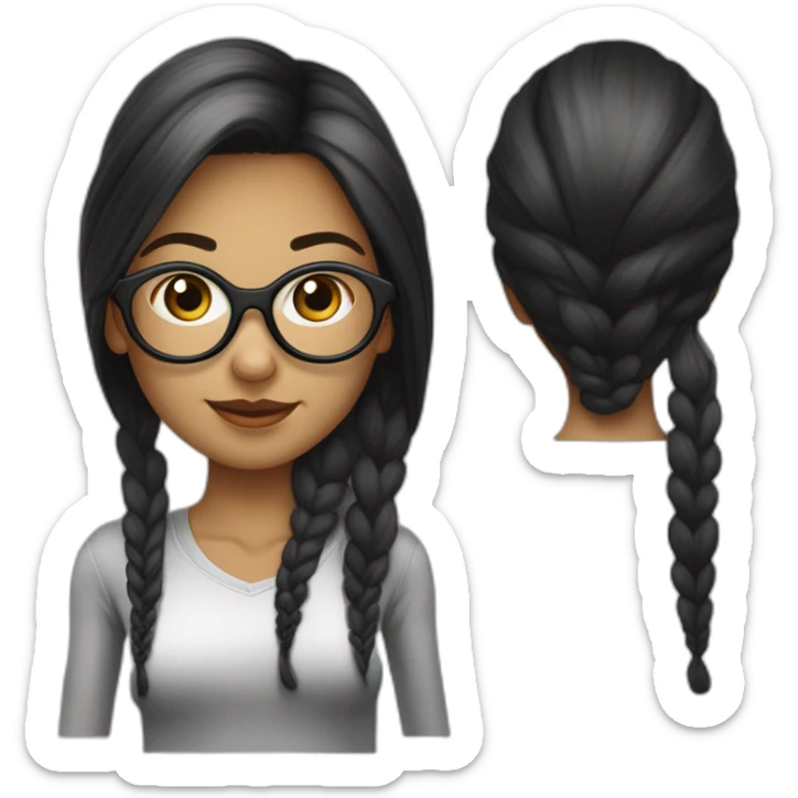 une fille avec de long cheveux noir lisse, la peau blanche ,et avec des lunette (en forme de carrer un peu déformé) assez grosse comparer a ça tête , portant un pull noir sticker