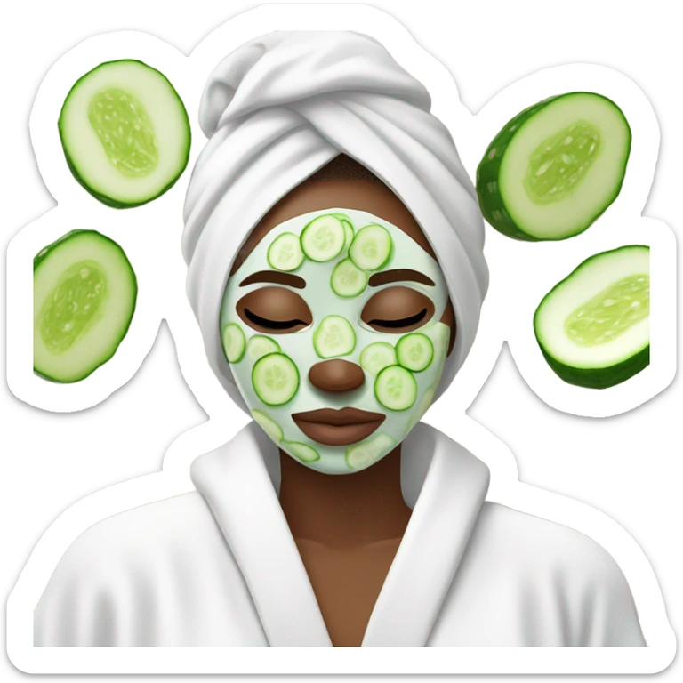 White girl with Brown hair and blue eyes wears a Green colored skincare clay textured mask and puts on cucumbers around her eyes while She relaxes in her white Robe sticker