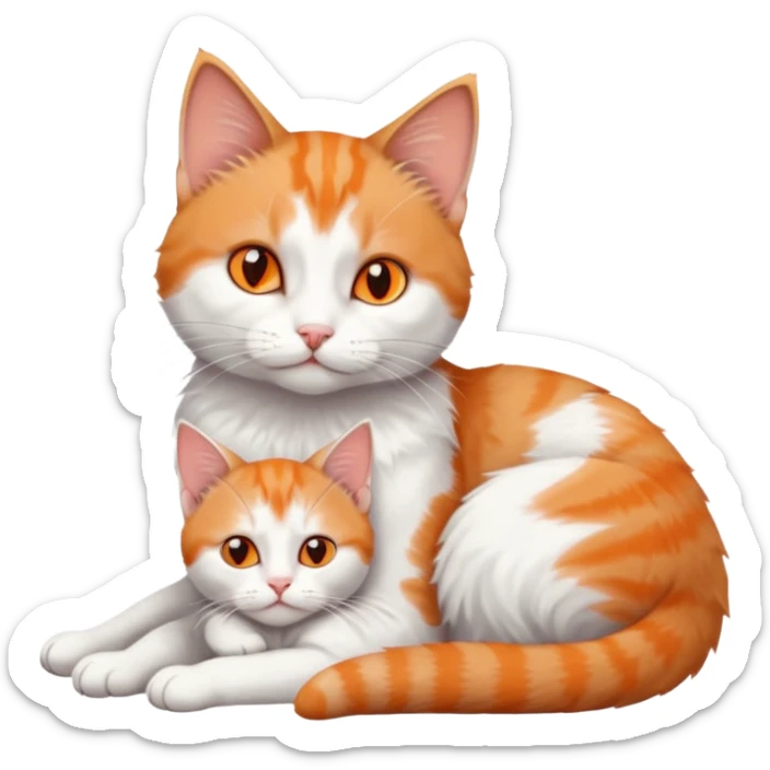 full body of a grey and white cat cuddling a very small + skinny ginger and white kitten with deep orange eyes and triangular shaped face lying down sticker