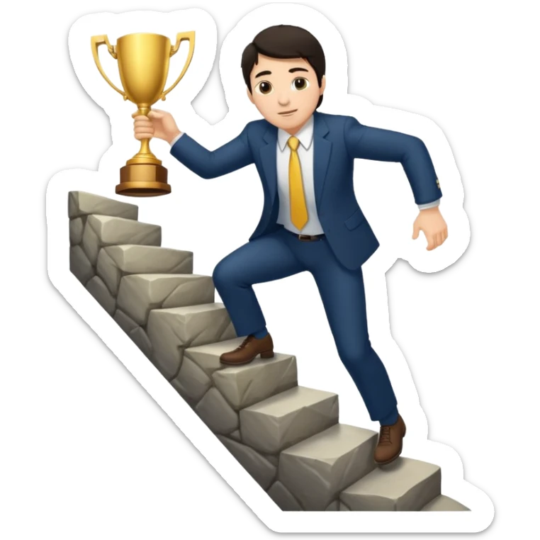 UN HOMBRE DE PIEL CLARA Y PELO OSCURO SUBIENDO ESCALERAS LARGAS PARA ALCANZAR UN TROFEO sticker