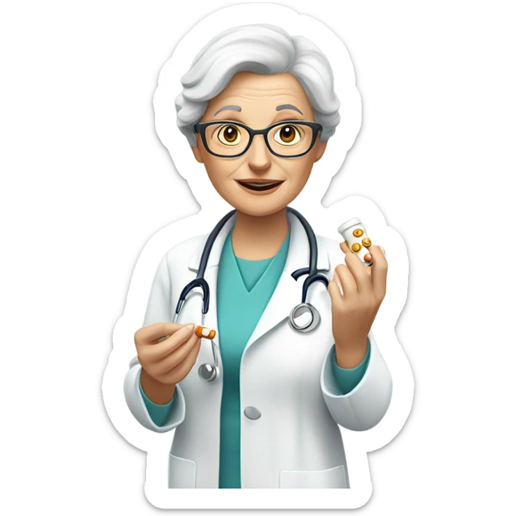 A Caucasian female doctor with glasses serving 25 pills to an old woman  sticker