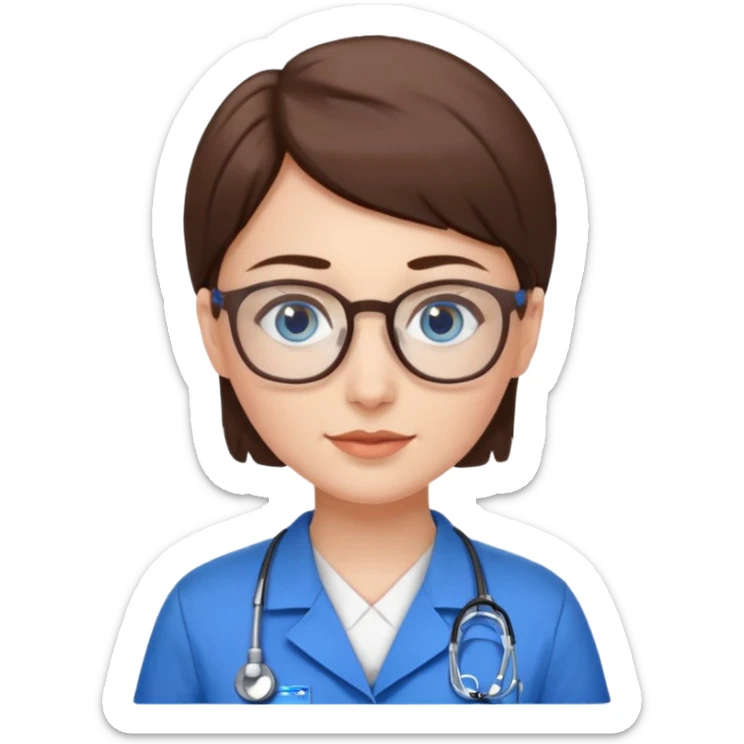 Blue eyes very short brown hair with glasses woman in care assistant blue uniform sticker