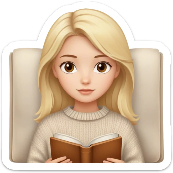 pretty blonde girl with brown eyes wearing a cozy sweater, with book sticker