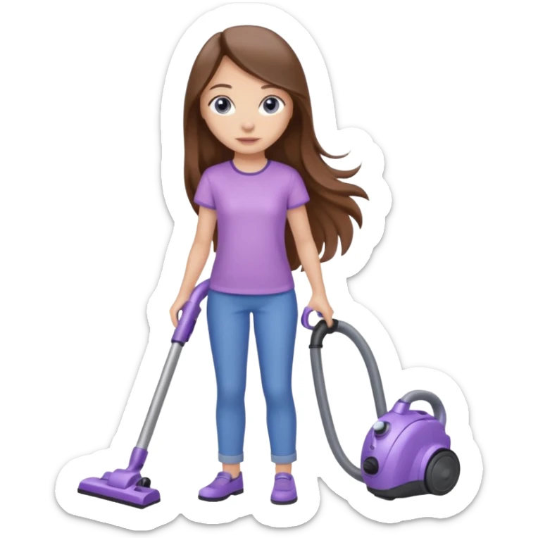 beautiful girl with long brown hair, blue eyes and wearing light purple clothes, cleaning and vacuuming sticker