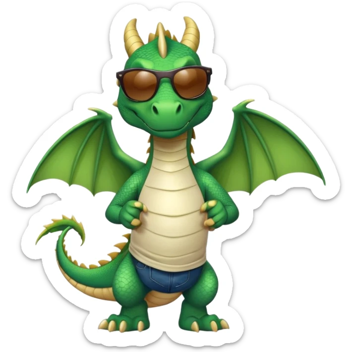 friendly anthropomorphised green dragon in a sports t-shirt and jeans wearing dark sunglasses sticker