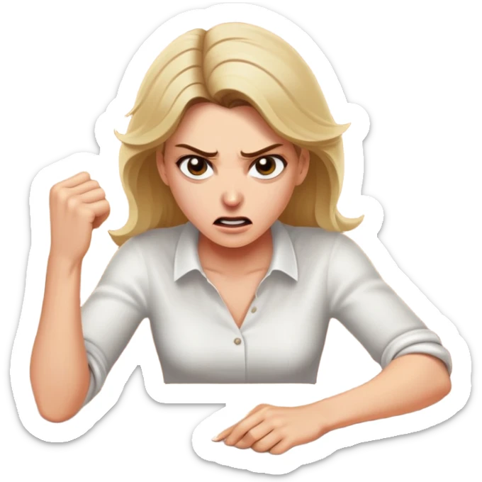 White woman ripping a white tablecloth off of a wooden table in anger sticker