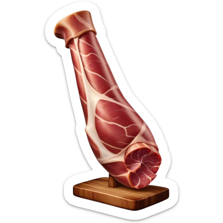 ​Cinematic Realistic Spanish Jamón Leg, depicted as a massive, cured leg of Jamón serrano with a deep reddish-brown hue, intricately marbled and slightly glossy with age, elegantly displayed on a rustic wooden stand and bathed in warm, soft lighting that accentuates its artisanal heritage, sticker
