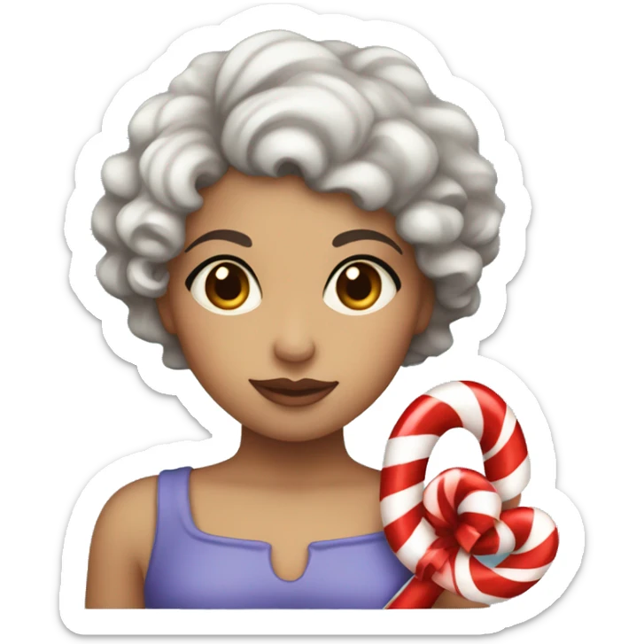 Girl With short Curly hair and dark brown hair and dark brown eyes holding a candy cane  sticker