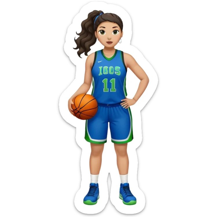 full body plus size light skin latino women basketball player with wavy dark hair in pony tail wide nose wearing blue uniform with green accent sticker