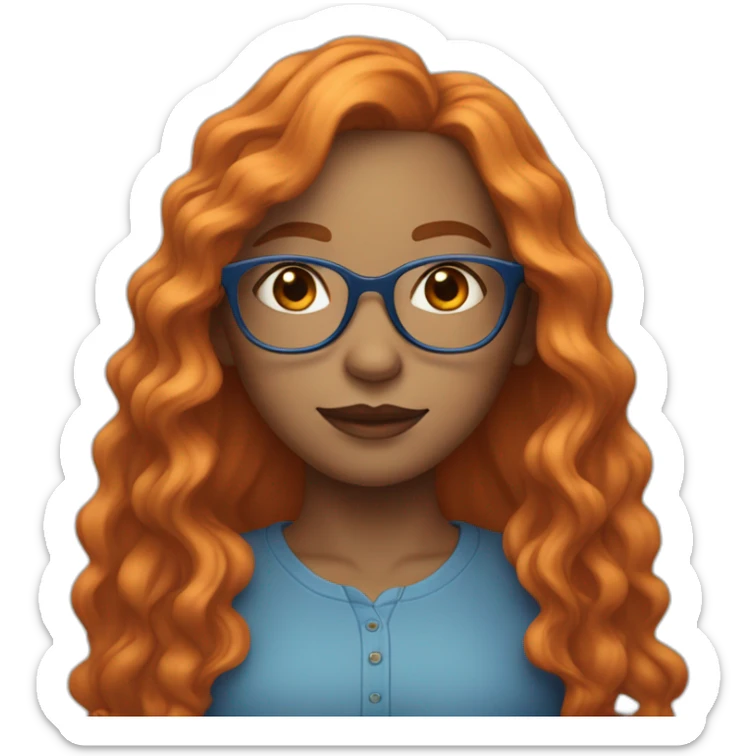 A not tinted girl with orange long wavy hair, blue glasses and a blue blousse sticker