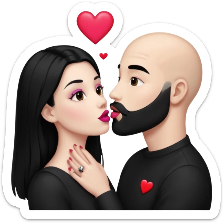 👩🏻‍❤️‍💋‍👨🏻 this one but the man should be bald. white woman with long black hair and white bald young man whoitiut hair and a heart between their heads. she has pink lips and both have brown eyes. he has e full beard but short. both wear black  sticker
