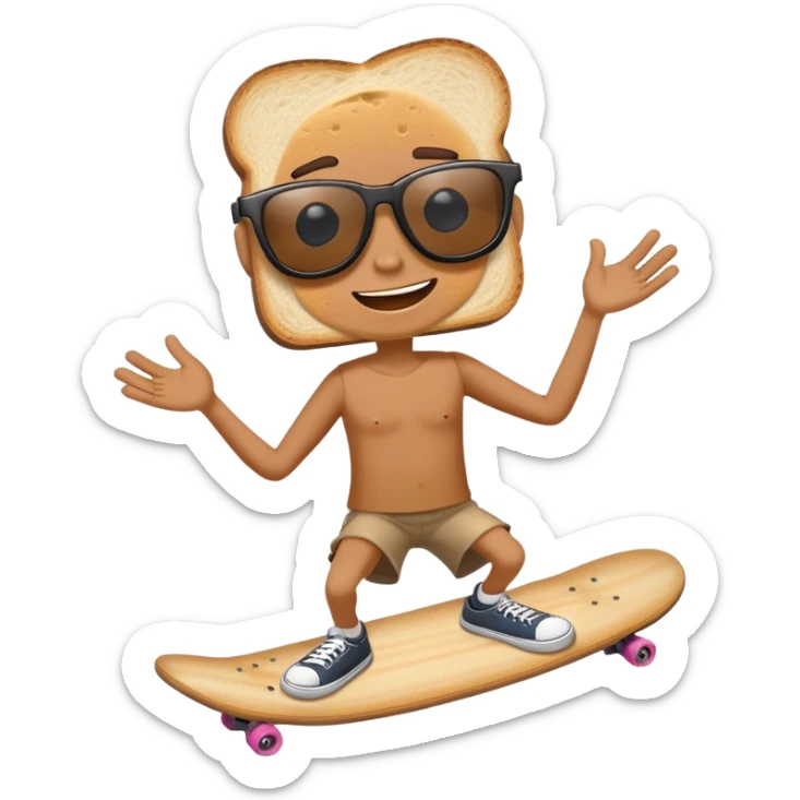 toast square sandwich with facial expressions with sunglasses and with cartoon limbs on skate sticker