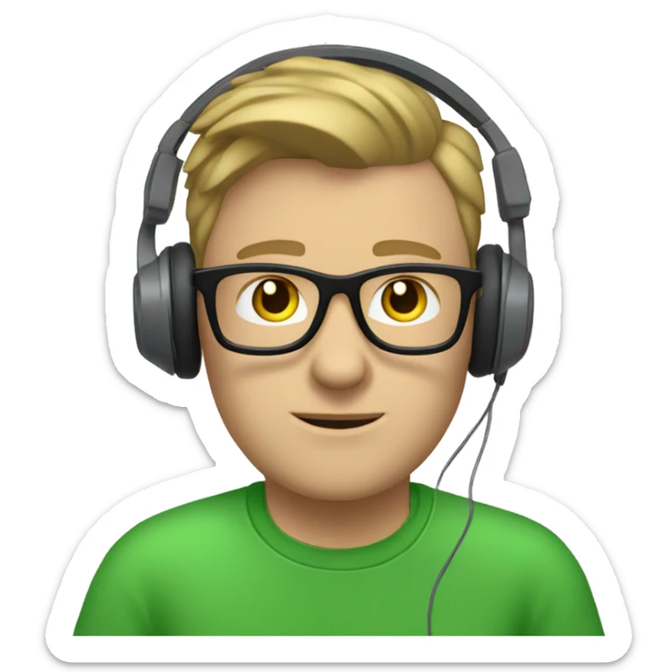 white guy with dark blond hair square glasses blue eyes wearing green t-shirt using laptop with headphones sticker