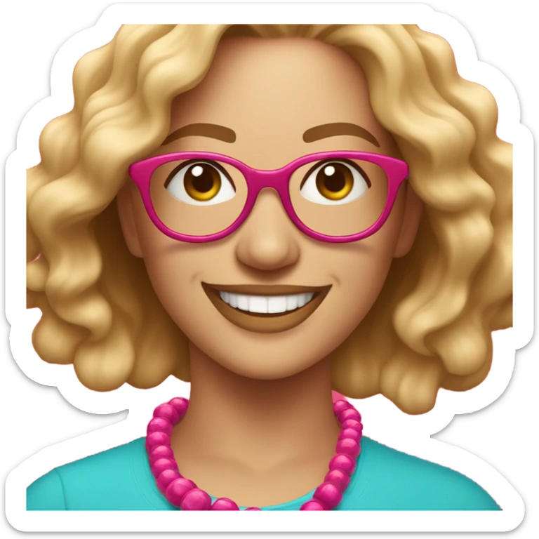  cheerful woman with wavy blonde hair and glasses, wearing a pink shirt and colorful beaded necklace, smiling brightly against a vibrant red background." sticker