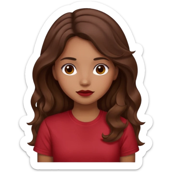 Light brown girl with long wavy brunette hair and blush, wearing dark red tshirt sticker