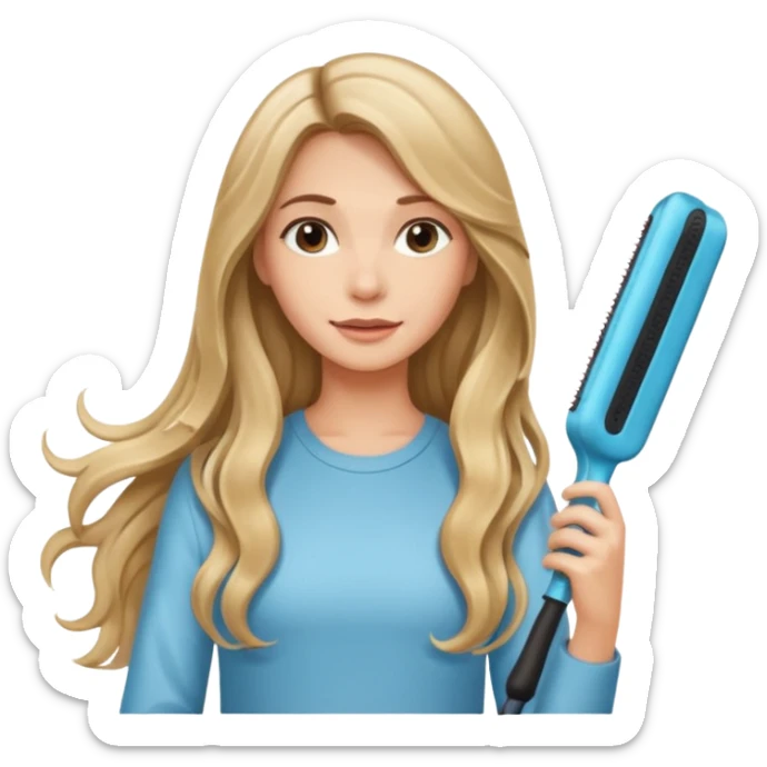 pretty girl with long wavy dirty blonde hair holding a hair straightener as if she was about to straighten and style a strand of her hair.  sticker