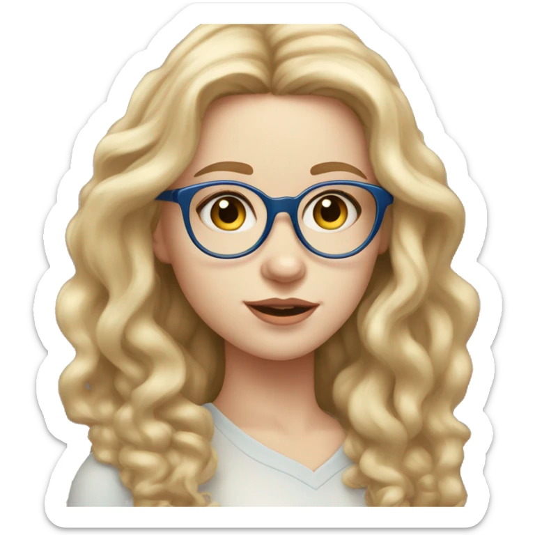 young woman with pale skin, blushed cheeks, big blue eyes, brown round glasses, thin lips, long wild blond wavy hair sticker