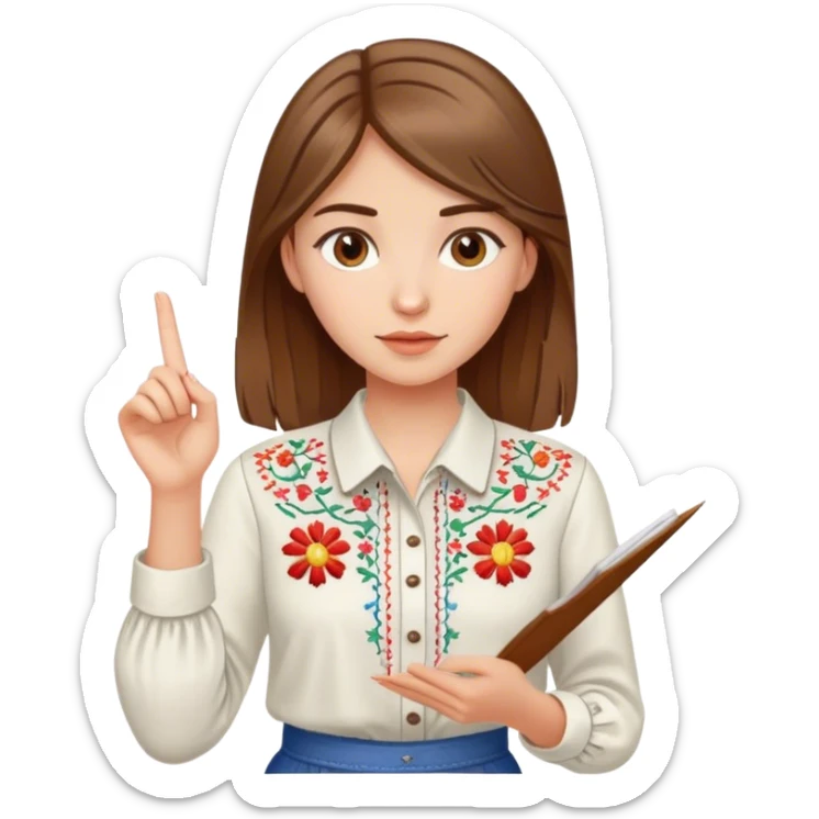 A Ukrainian girl with brown hair in an embroidered shirt holds a diagram in her hand sticker