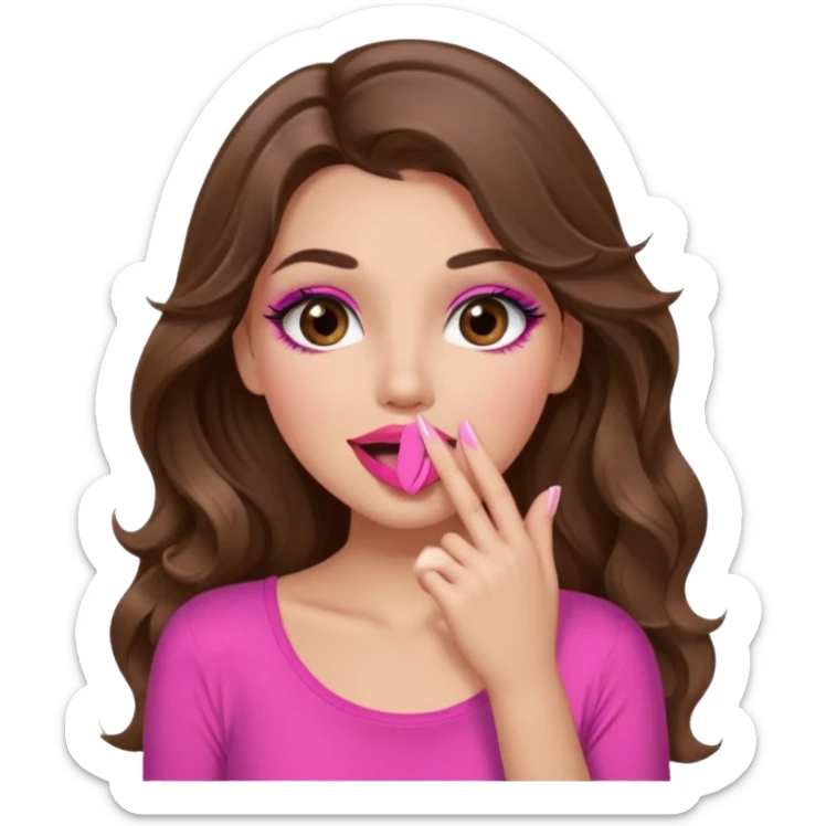 girl with long wavy brown hair, brown eyes, long lashes makeup, sexy pink lips, light to medium complexion, wearing a pink sexy top, sexy, giggling hand covering mouth sticker