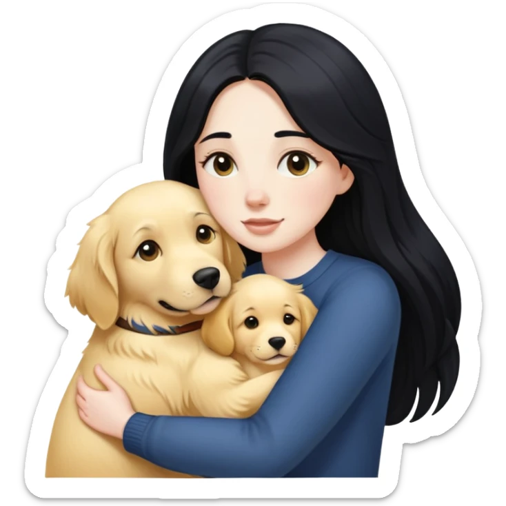 A white girl with long black  hair tightly hugged a Golden Retriever sticker