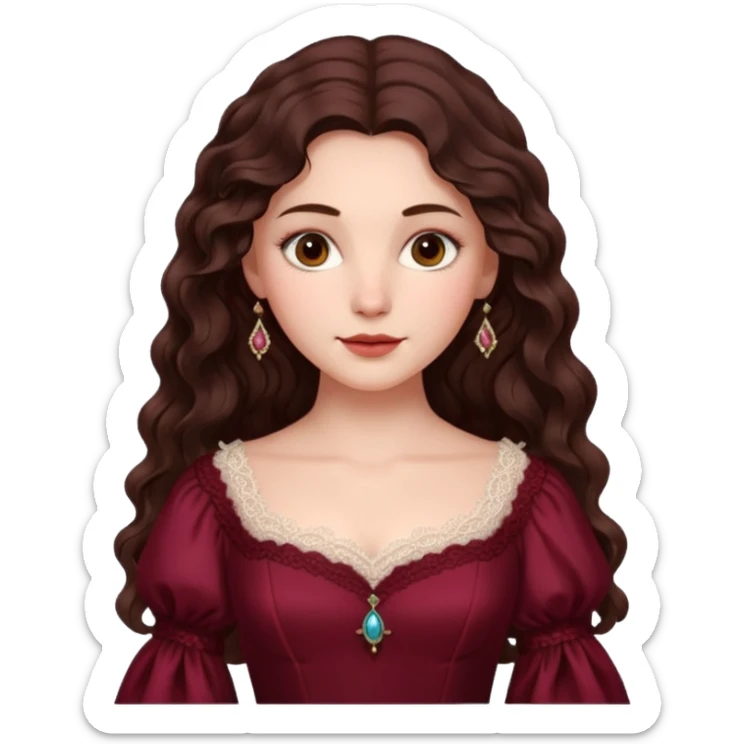 Renaissance lady – long dark brown wavy hair, burgundy gown with lace neckline sticker