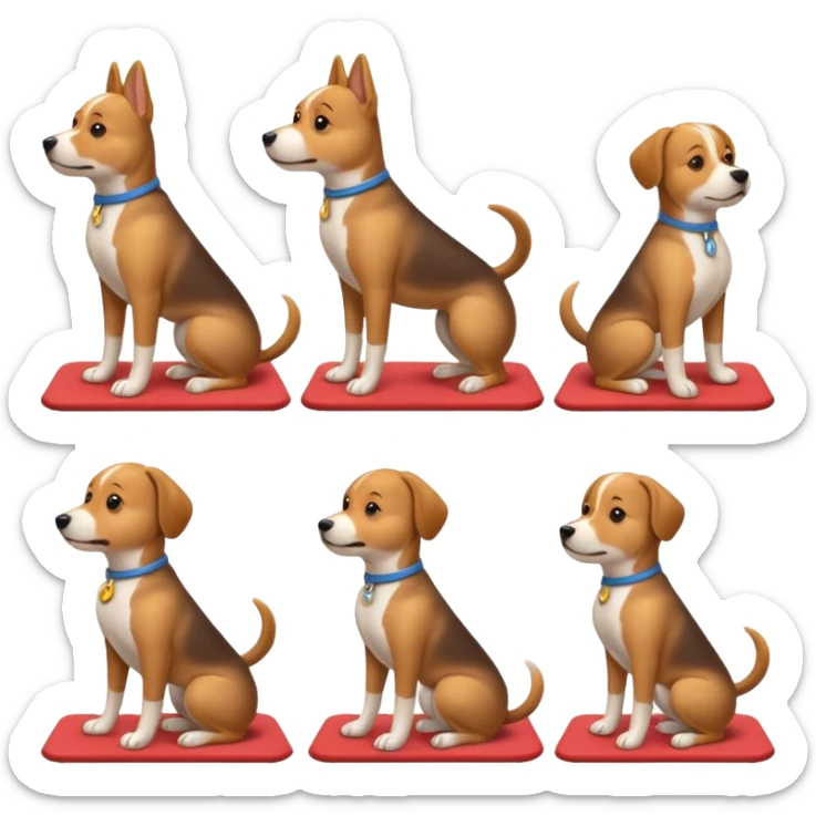 craeate me a series of emojis for those excersises (dog). I want seperate emojis for each excersise

Nose
Sit
Lay down
Spin
Focus
Drop
Walk next to me sticker