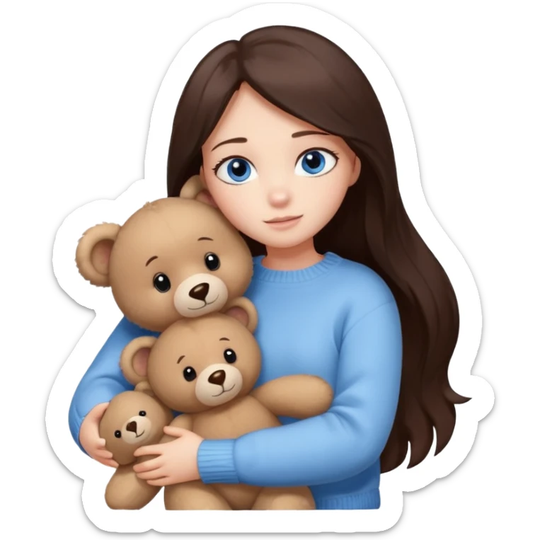 a girl with long dark brown hair, with blue eyes, in a
white sweater, hugs 3 different natural coloured sticker