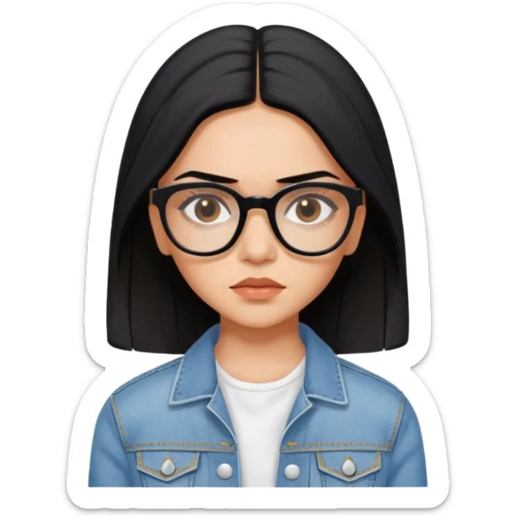 generate a pretty bratz emoji 
Make her wear a white dress with a denim jacket over it. black hair side part 

She should look exactly  like Deepika padukone! wearing tiny rectangular spectacle, looking sad sticker