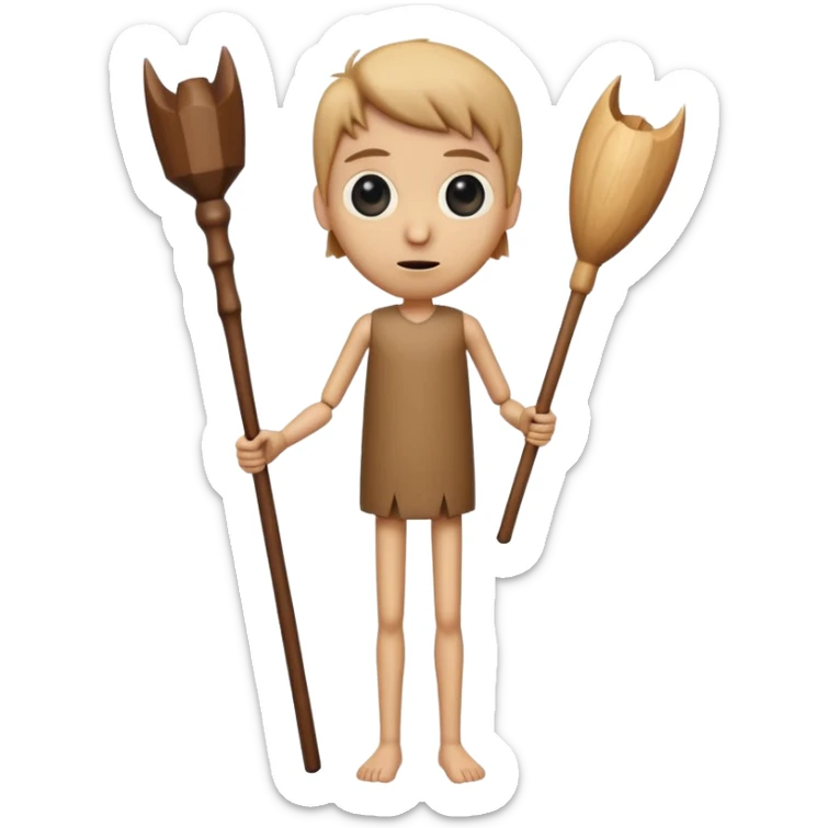 a tall, cylindrical, wooden-like figure with a human-like face, large eyes, and a slight smile. It has small, thin arms and human legs. It appears to be holding a long, wooden stick or bat.
 sticker