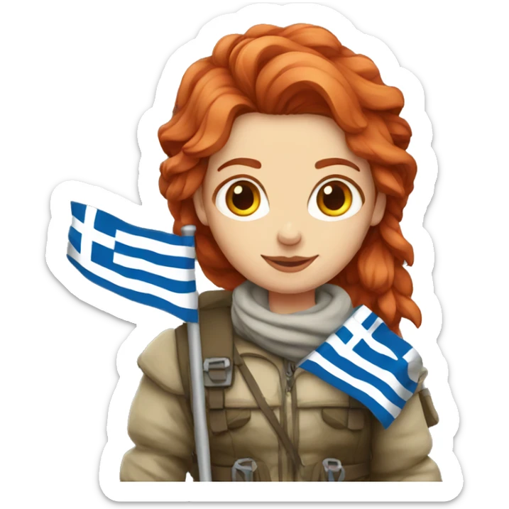 female winter mountaineer red hair holding greek flag sticker