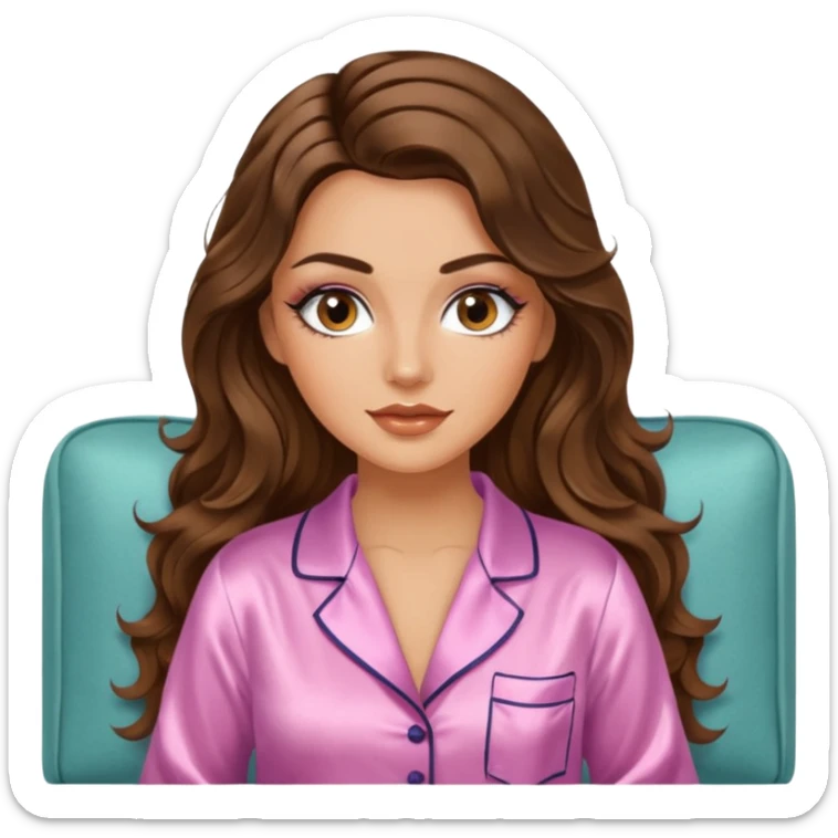 Woman with brunette hair light tanned skin reading on sofa. Long wavy hair. Beige ivory colours. Silk pyjamas. Realistic. Foxeye with lashes. Glamorous makeup sticker
