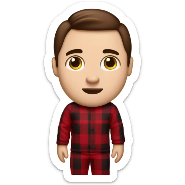 Man with straight brown hair and brown eyes wearing red and black buffalo plaid pjs. White skin. Full body. sticker