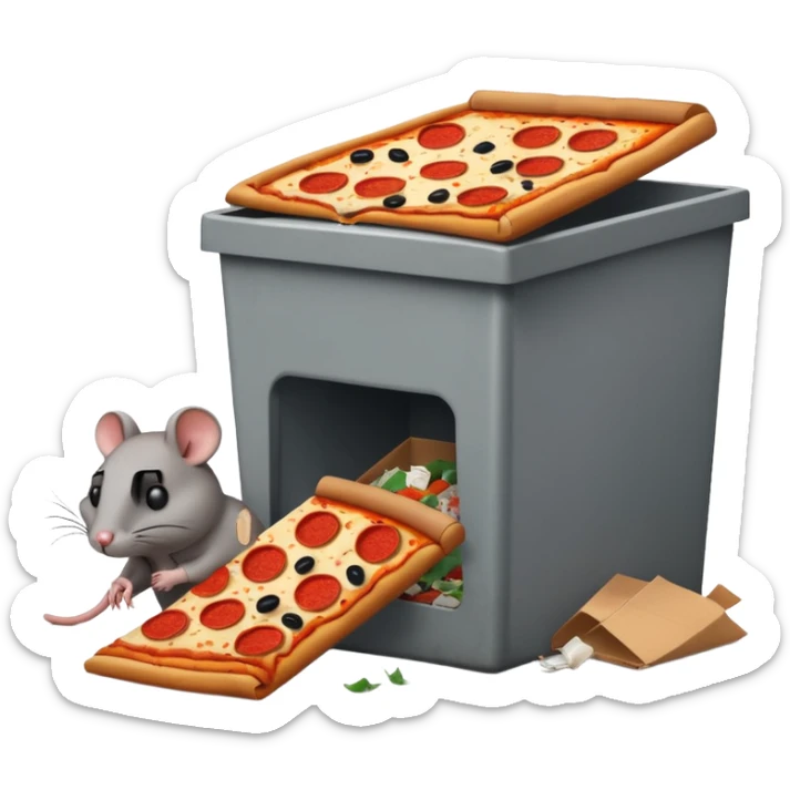 emoji-style icon of a pizza restaurant with a pizza slice sign, a huge rat next to an overflowing dumpster, trash scattered all around the building, unsanitary and dirty, clear at small size, no text sticker