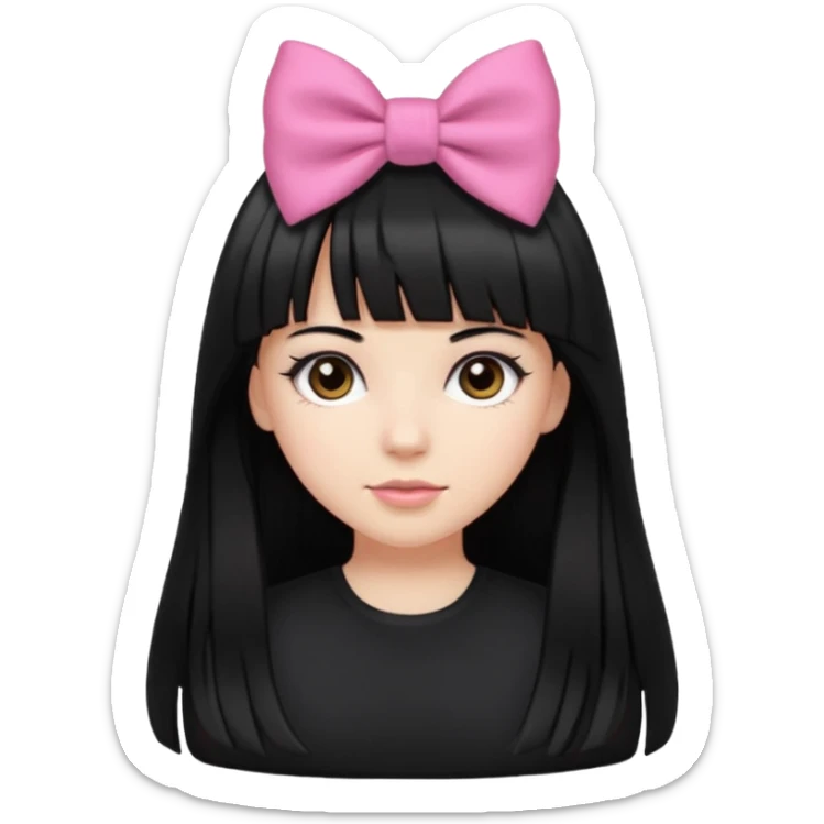garota branca com cabelo longo, preto e franja reta, olhos castanhos, top preto e laço rosa no cabelo  sticker